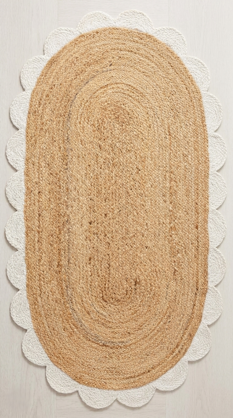 Handcrafted White Border Jute Area Rug – Beige Scalloped Boho Farmhouse Rug