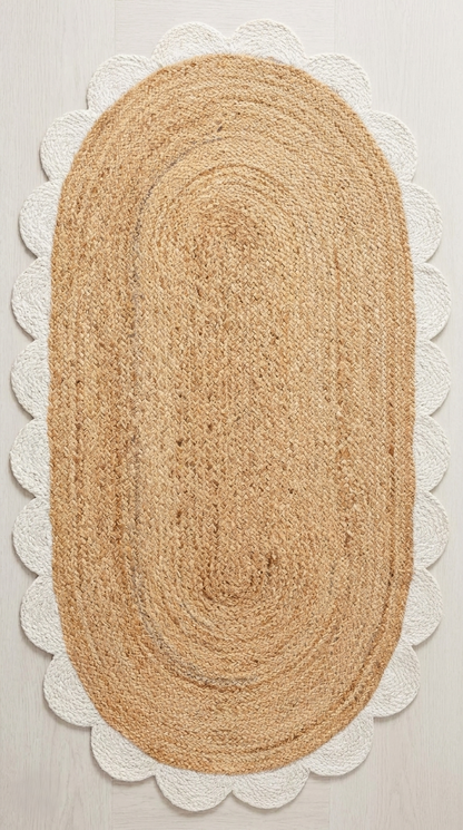 Handcrafted White Border Jute Area Rug – Beige Scalloped Boho Farmhouse Rug