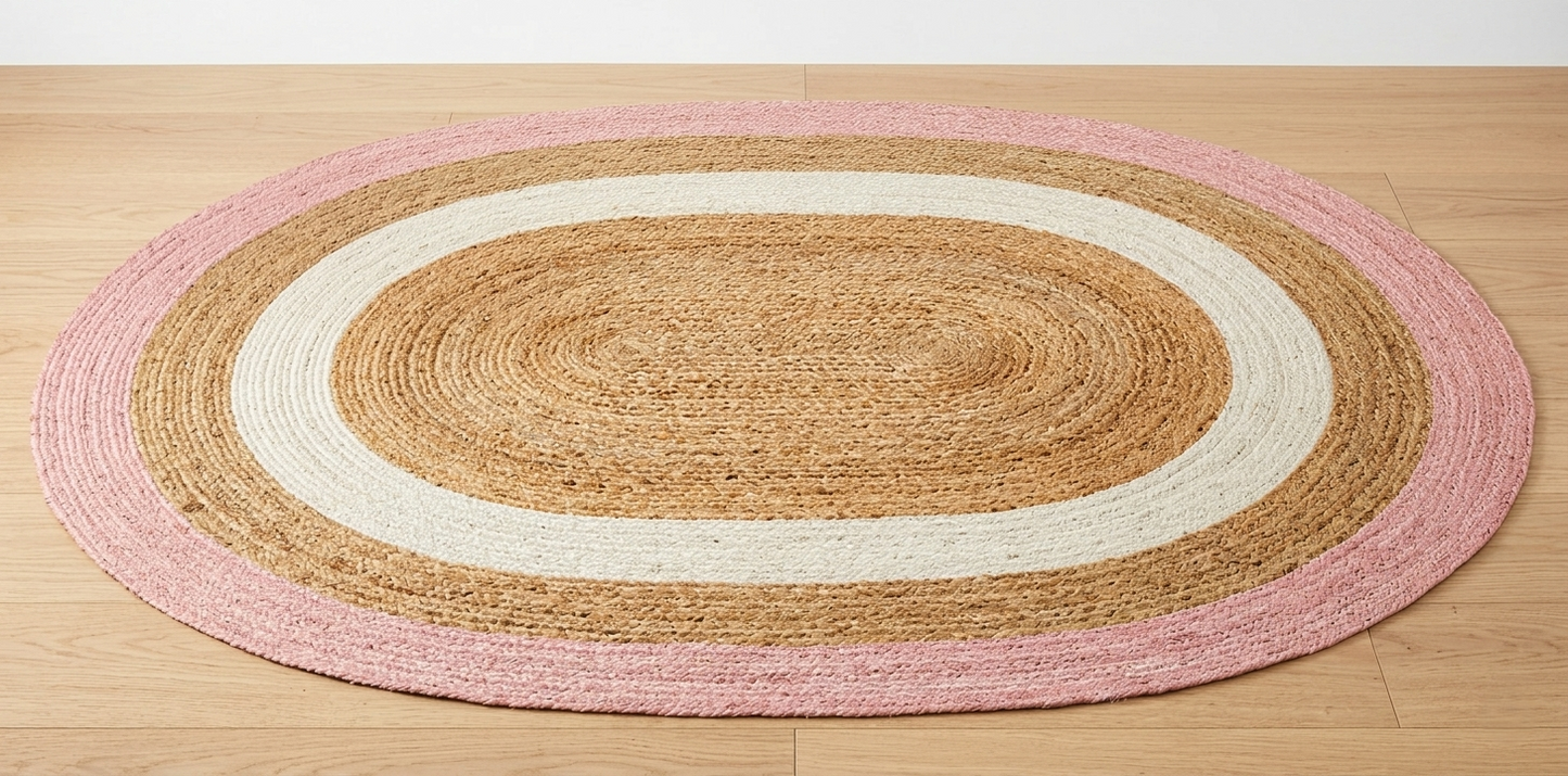 Oval natural jute rug with pink outer border and white center stripe, handcrafted woven area rug perfect for bedroom, entryway, and stylish home décor