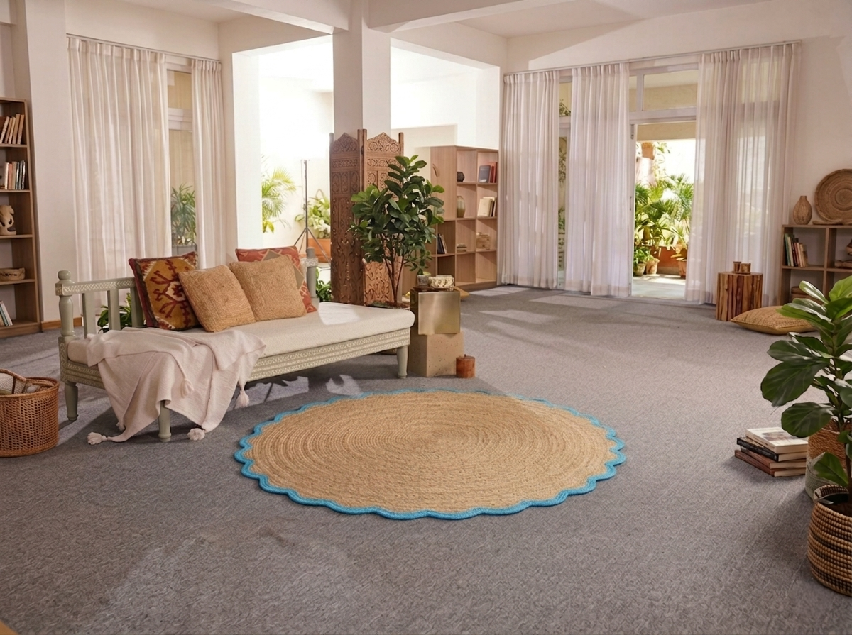 Living room with a round woven rug, sofa, and bookshelves.