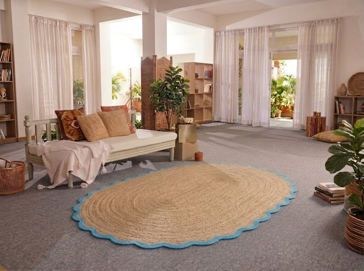 Living room with a oval woven rug, sofa, and bookshelves.