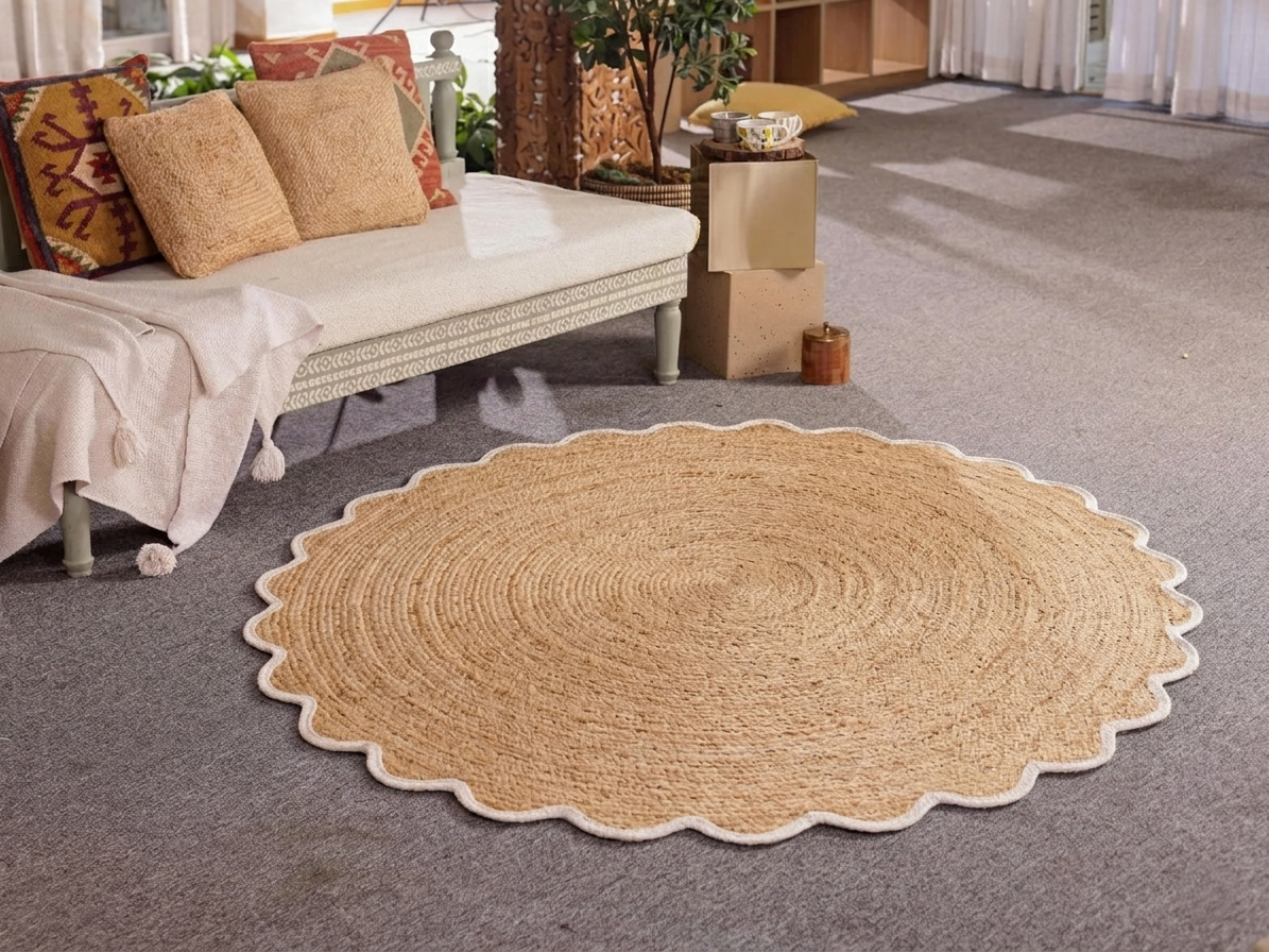 Round woven rug on a carpeted floor in a living room setting.